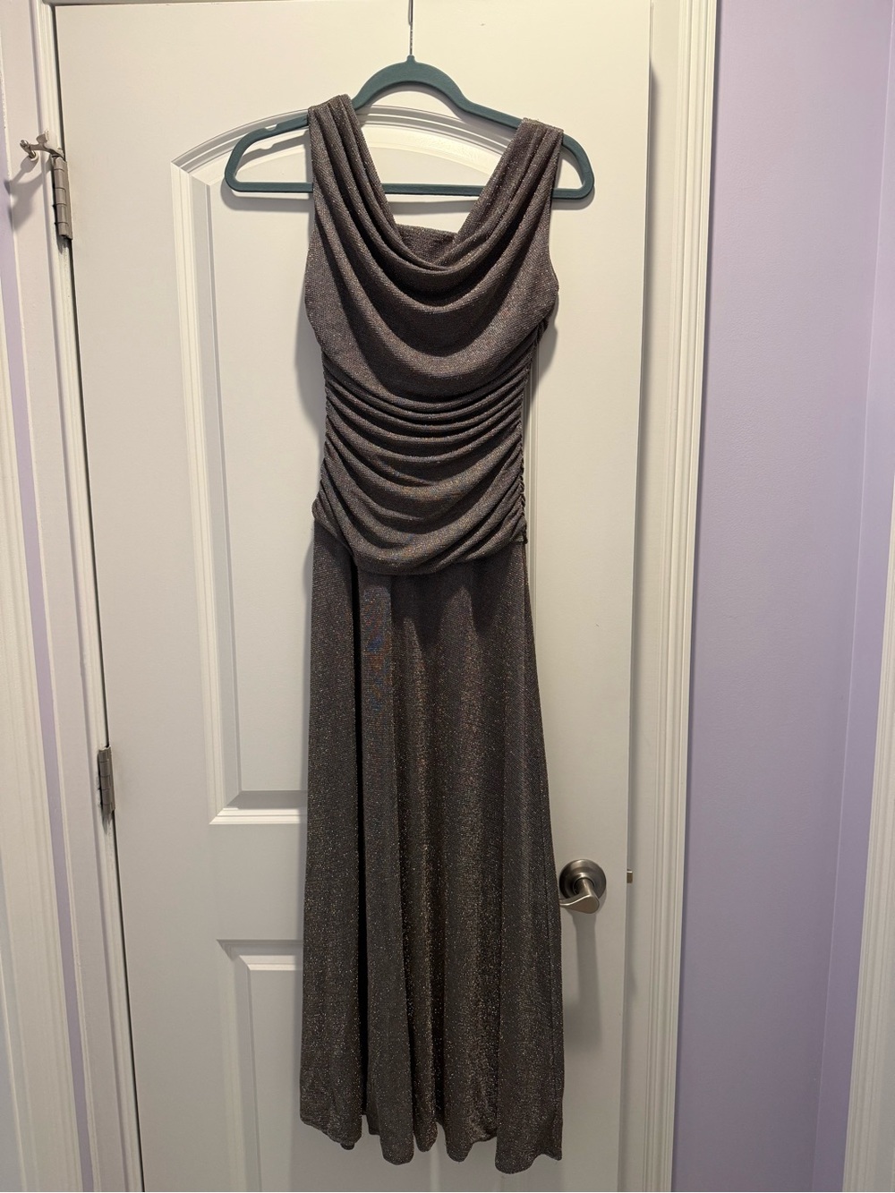 Night Way Collections Shimmery Charcoal Cowl-Front Maxi Dress
